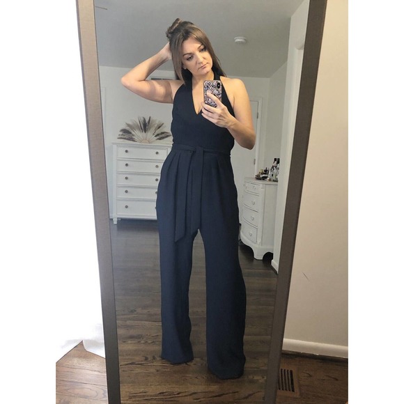 NWT Eva Franco size 12 navy halter crepe lined halter wide leg jumpsuit pockets - Picture 1 of 5